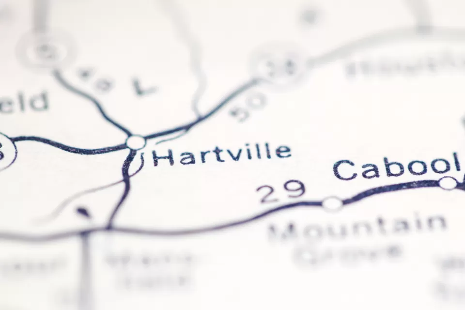 A map showing the location of Hartville, Missouri.